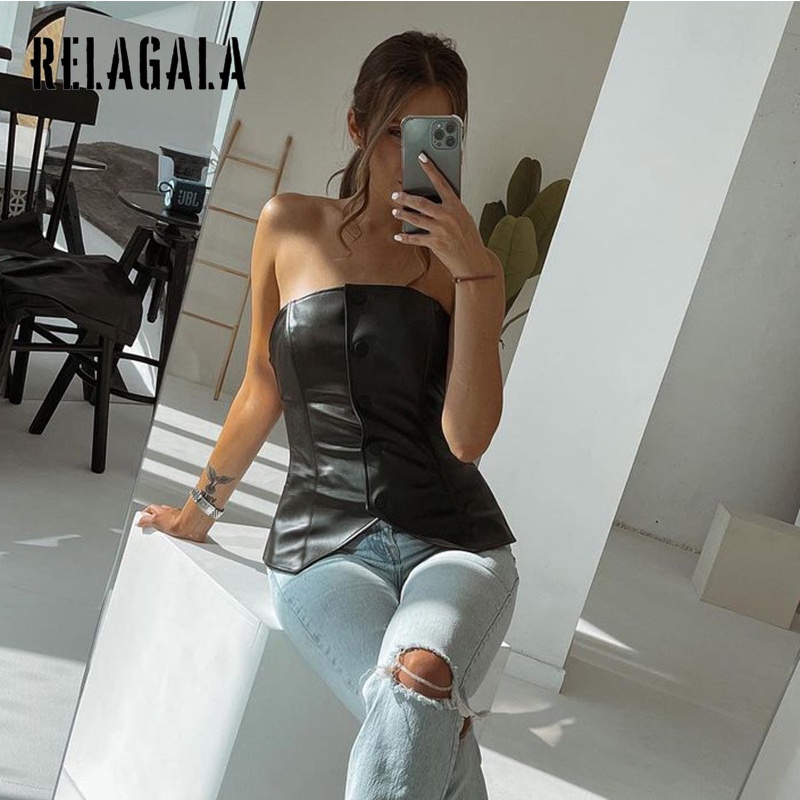 Áo ống hở lưng bằng da PU quyến rũ dành cho nữ | BigBuy360 - bigbuy360.vn