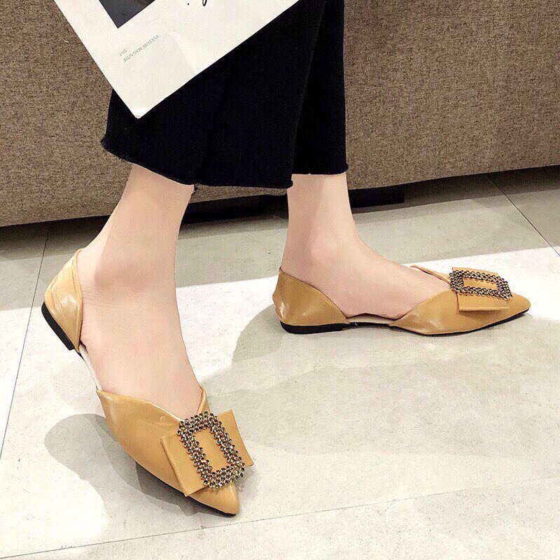 Giày búp bê nữ thời trang, sục nữ mang êm chân da bóng mũi nhọn chuẩn size từ 35-40 gót cao 2p màu vàng | BigBuy360 - bigbuy360.vn