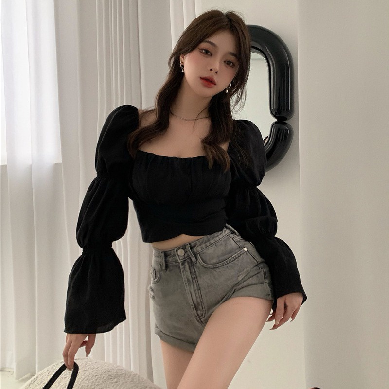 Áo chiffon Tay Dài Cổ Vuông Hở Rốn Phong Cách Hàn Quốc Ngọt Ngào Thời Trang Cho Nữ