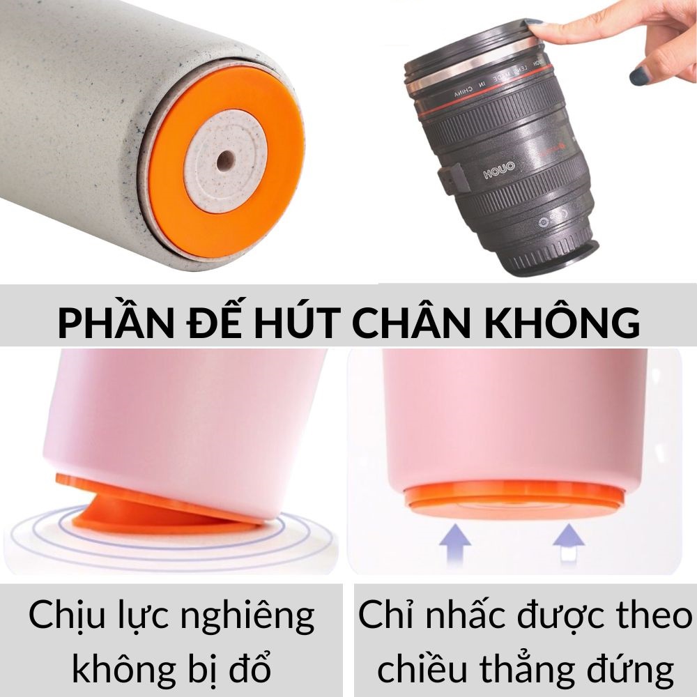 Ly giữ nhiệt inox (Chống Đổ nghiêng) hình ống kính máy ảnh cỡ 400ml cốc cà phê bình nước mã 22058