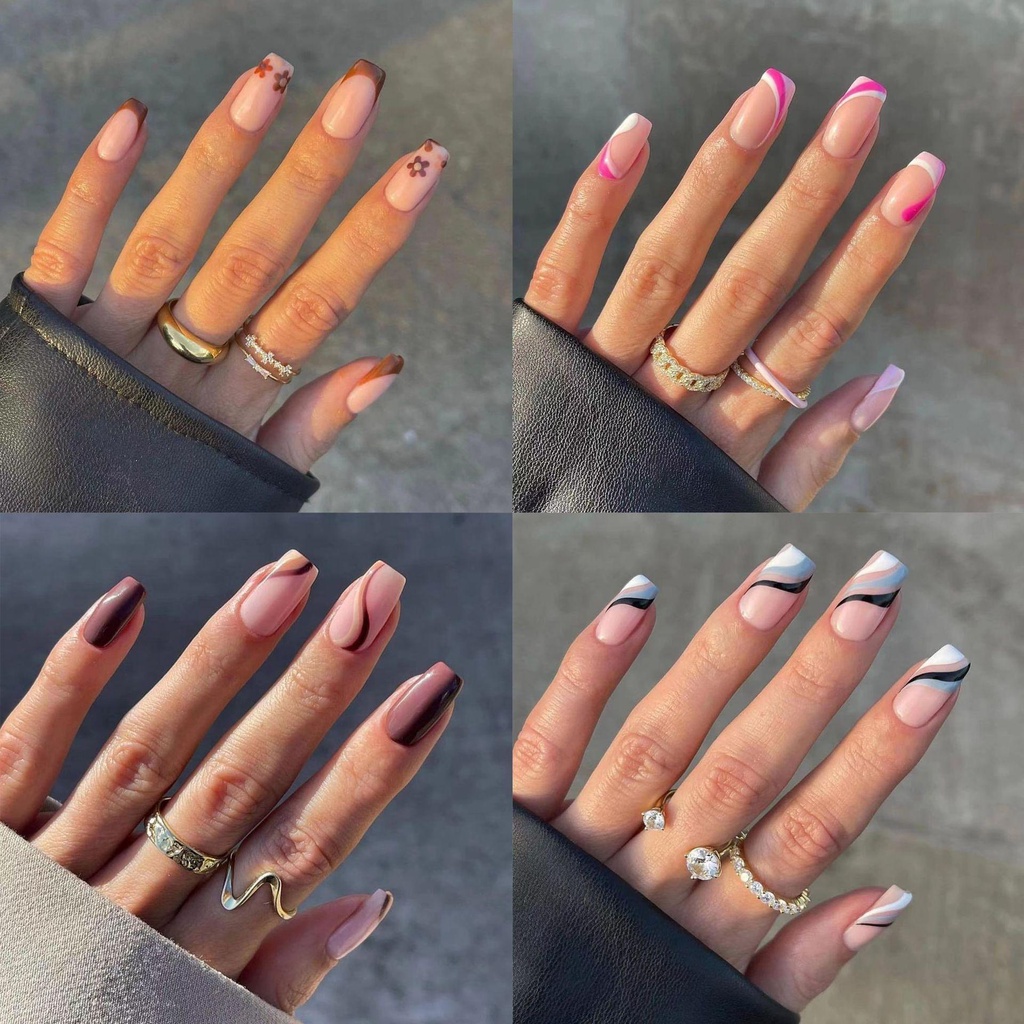 Bộ 24 Móng Tay Giả Đầu Vuông Dạng Nhấn Che Phủ Toàn Diện