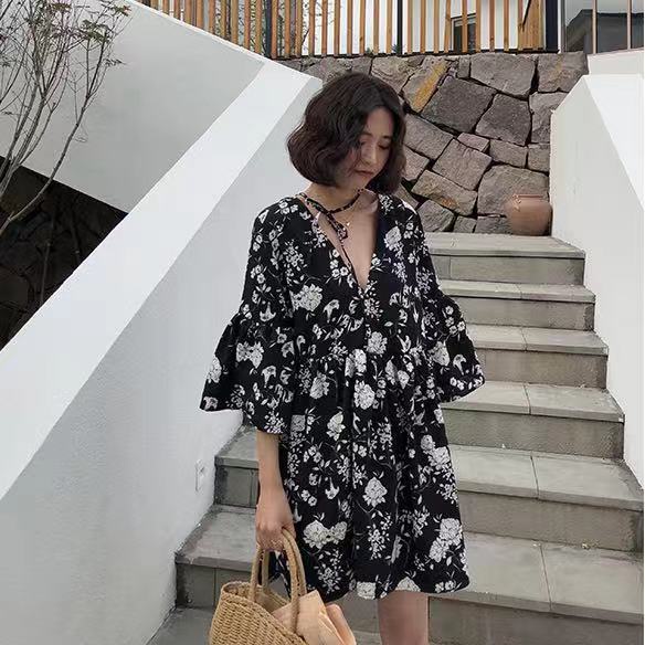 NRVP Đầm cổ chữ V thời trang phong cách Pháp thanh lịch cho nữ
