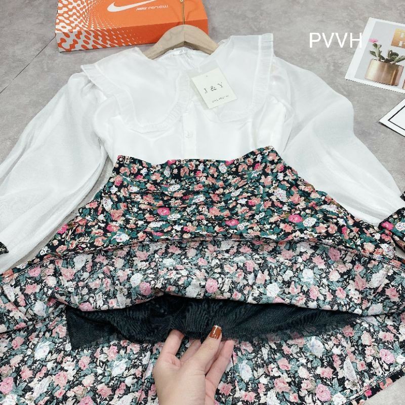SET ÁO SƠ MI MIX CHANAN VÁY HOA CÓ LÓT MẶC TIỂU THƯ BÁ CHÁY