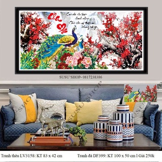 TRANH ĐÍNH ĐÁ CHA MẸ CHIM CÔNG - PHU THÊ VIÊN MÃN  DF399 (105*50CM), LV585 (90x60cm); Tranh thêu LV3543 (75x51cm)