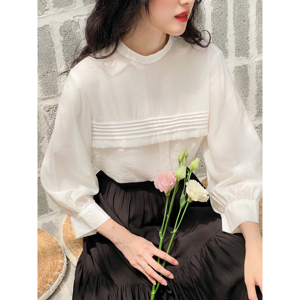 Áo sơ mi dài tay nữ dáng cách điệu trần ly ngang MADELEN
