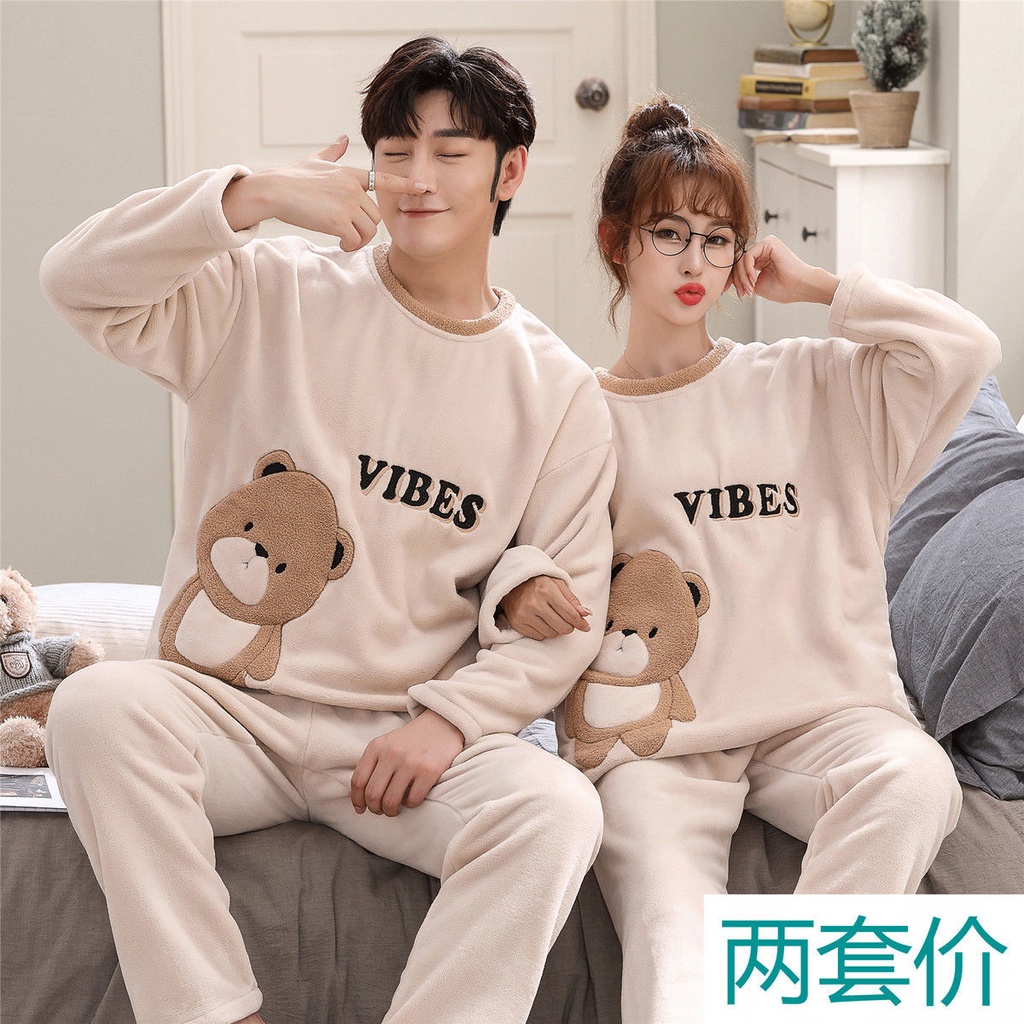Bộ đồ ngủ 2 món vải flannel dày size lớn thời trang thu đông dành cho các cặp đôi