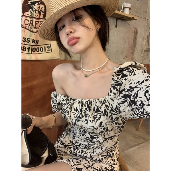 QKOOLE Đầm  ngắn tay kiểu hoa xẻ tà phong cách ulzzang thời trang Hàn Quốc gợi cảm dành cho nữ