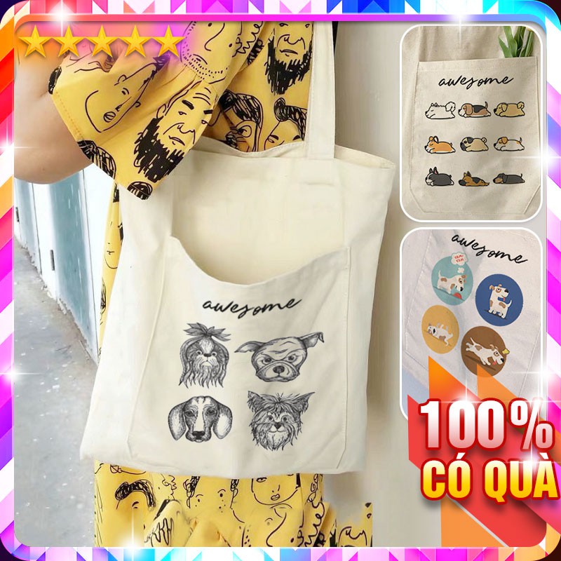 Túi Vải Awesome Ngăn Ngoài Cún Xinh TL P2041