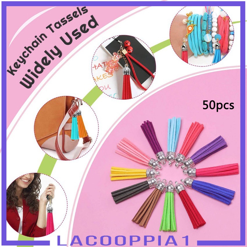 [LACOOPPIA1] 50Pcs Leather Keychain Tassels Pendants Fringe with Split Rings Craft Supply