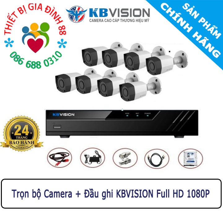 [Giá cực sốc] Trọn bộ 5 8 camera giám sát KBVISION Full HD kèm dây tín hiệu liền nguồn