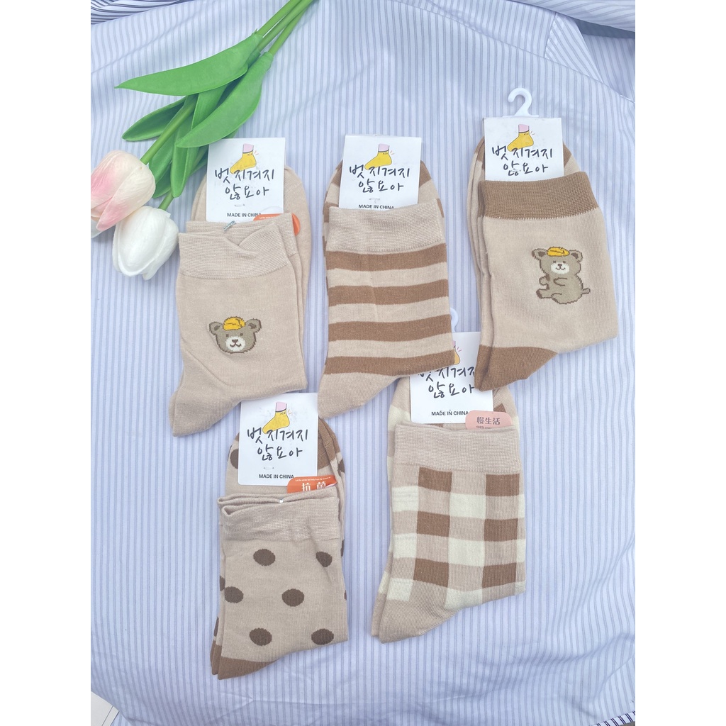 Tất gấu Muzini tất cổ cao tone nâu nhiều hình phong cách Hàn Quốc cute TN214