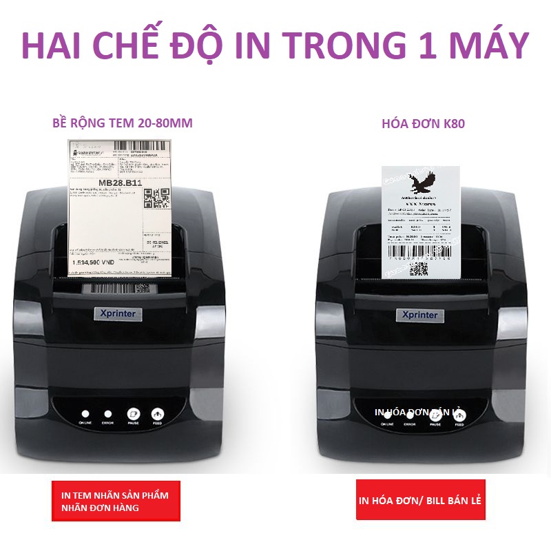 Máy in mã vạch hai chức năng in cả hóa đơn, máy 2in1 in tem mã vạch và in bill Xprinter XP-365B