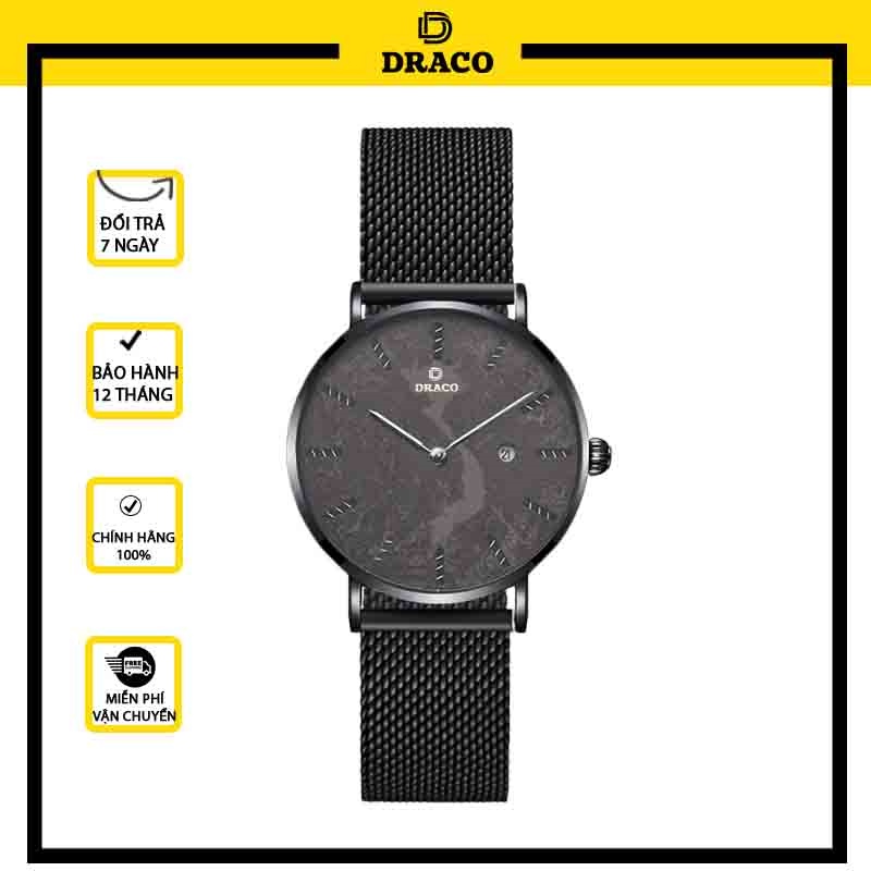 Đồng hồ nữ Draco D22-STN03 &quot;Vietnamese Girl&quot; viền đen kết hợp chất liệu dây lưới màu đen-phụ kiện thời trang nữ