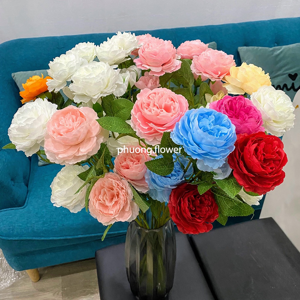 Hoa Hồng Mẫu đơn bằng vài lụa 2 bông lớn 1 nụ hoa giả nhân tạo cao cấp cắm bình trang trí cực đẹp