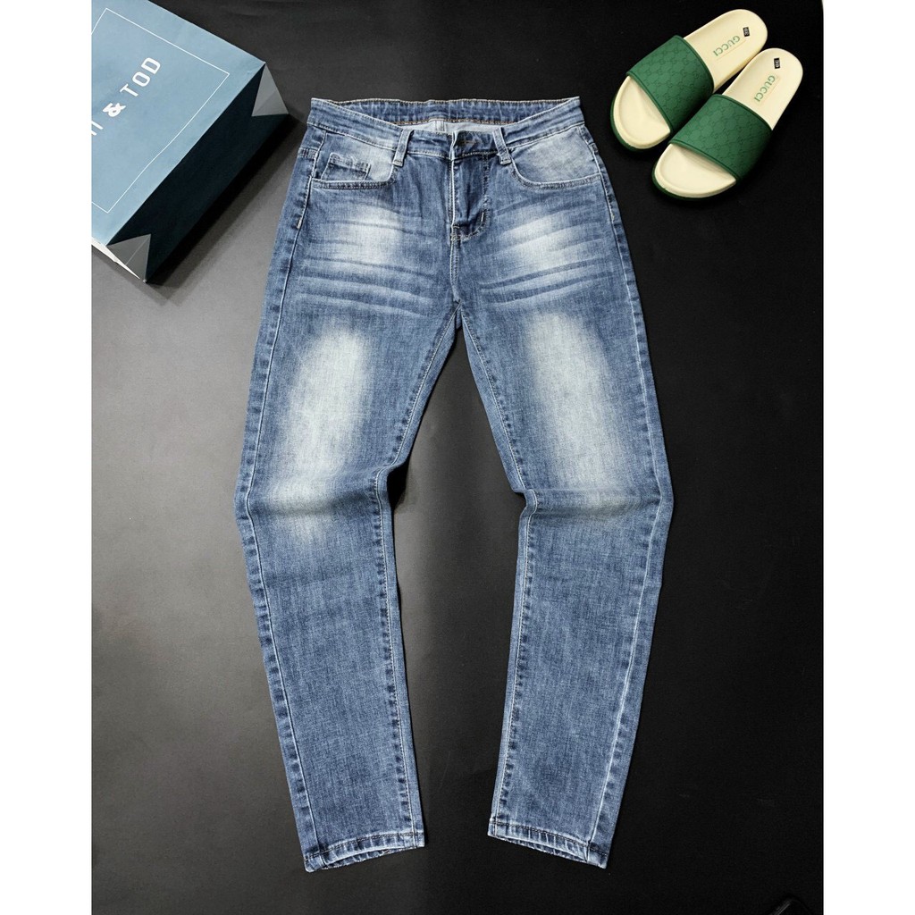 Quần jean nam ống ôm màu xanh dương trơn wash trắng đơn giản chất bò co giãn bốn chiều thời trang cao cấp VBSHOP