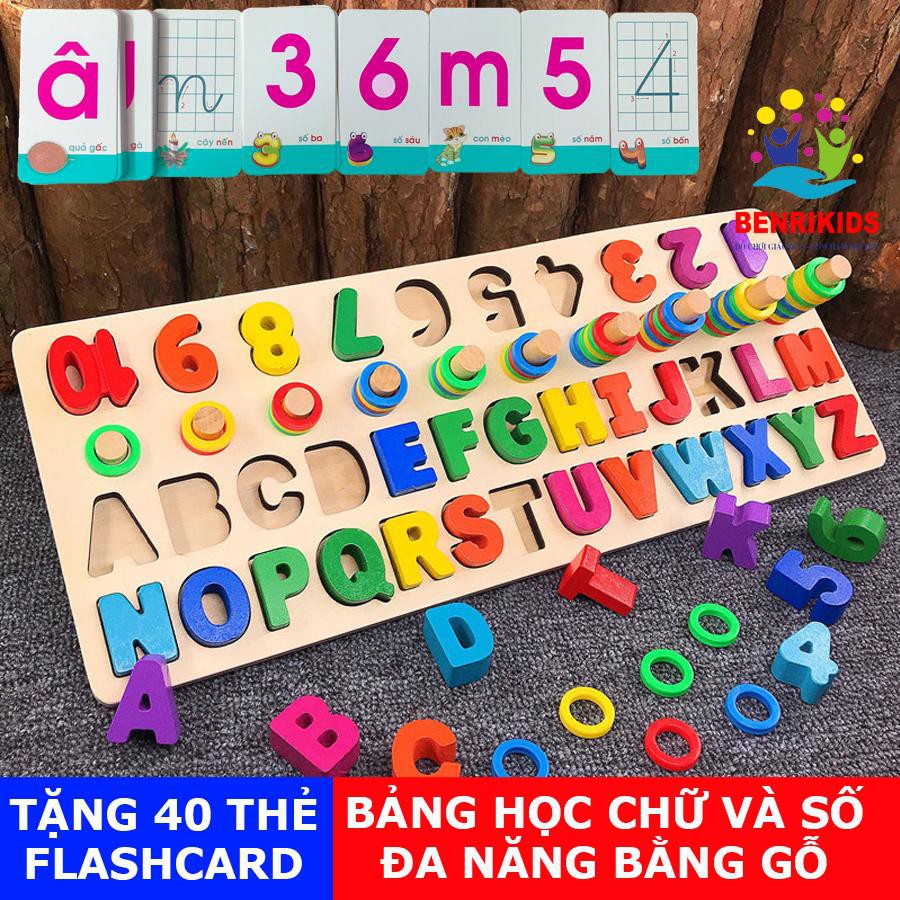 [TẶNG KÈM 40 THẺ HỌC] Bộ Giáo Cụ Montessori Cột Tính Học Đếm Và Ghép Chữ Cái In Hoa Bằng Gỗ Cho Bé