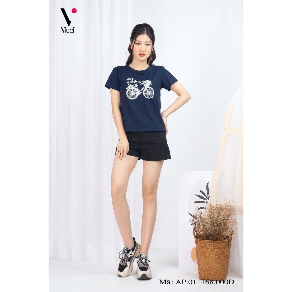 Áo phông nữ Vicci AP.01.1 chất liệu cotton vân gỗ họa tiết xe đạp nhiều màu