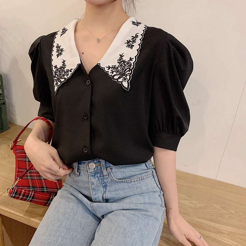 SUXI Áo tay ngắn thêu hoa phong cách vintage cho nữ