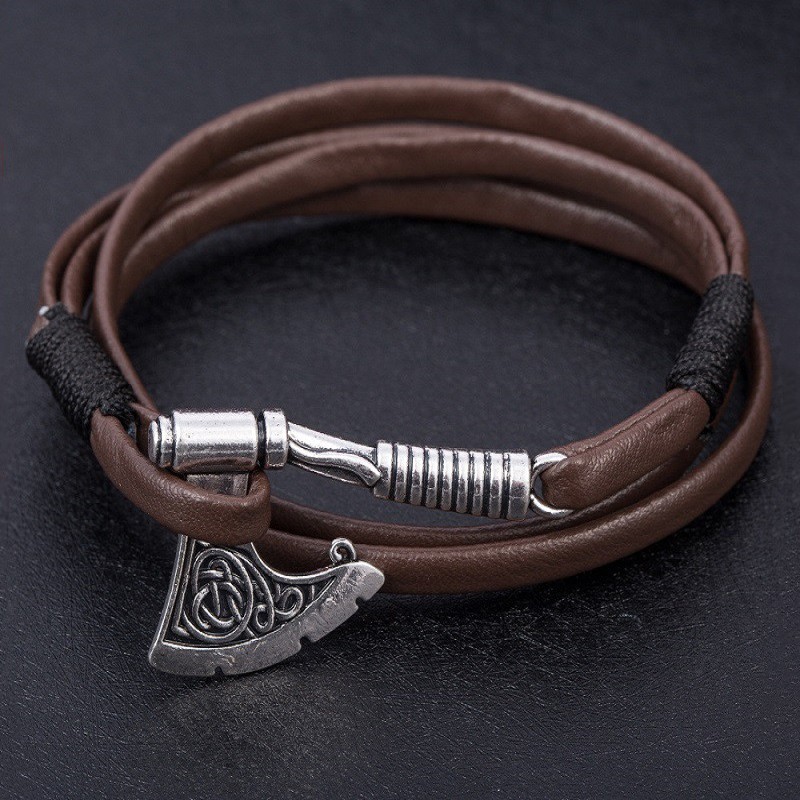 Vòng tay da cao cấp kiểu dáng Viking thiết kế sang trọng kiểu dáng cổ dideenr Châu Âu AXE B109352 Da Phặn Phặn