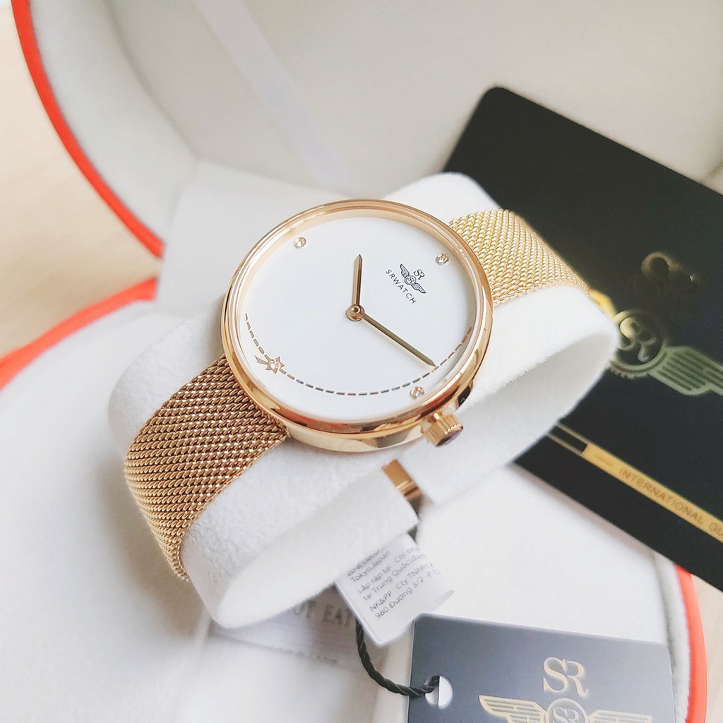 Đồng hồ nữ chính hãng SRWATCH SL5008.1402BL mặt kính sapphire mạ vàng đính đá kim cương chống trầy chống nước 5ATM .