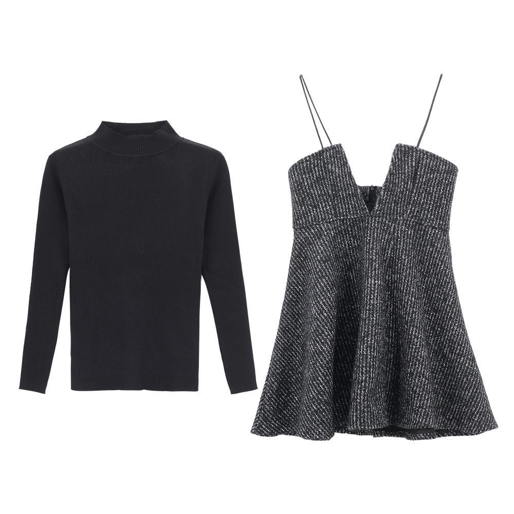 Set Áo Thun Dài Tay + Đầm Dệt Kim Màu Đen Thời Trang Thu Đông Dành Cho Nữ