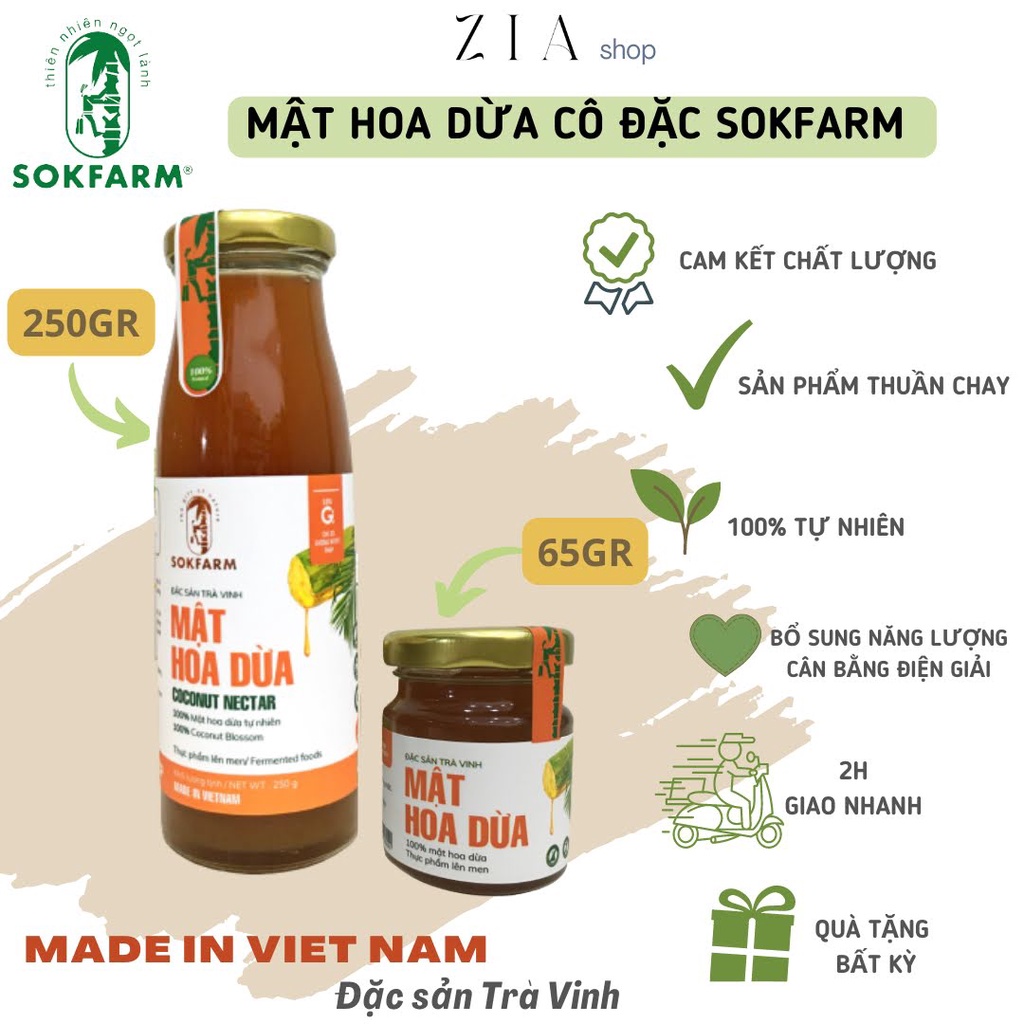 MẬT HOA DỪA SOKFARM TRÀ VINH CÔ ĐẶC - CHO NGƯỜI ĂN KIÊNG, THUẦN CHAY CHAI 65G VÀ 250G BỔ SUNG NĂNG LƯỢNG, ĐIỆN GIẢI