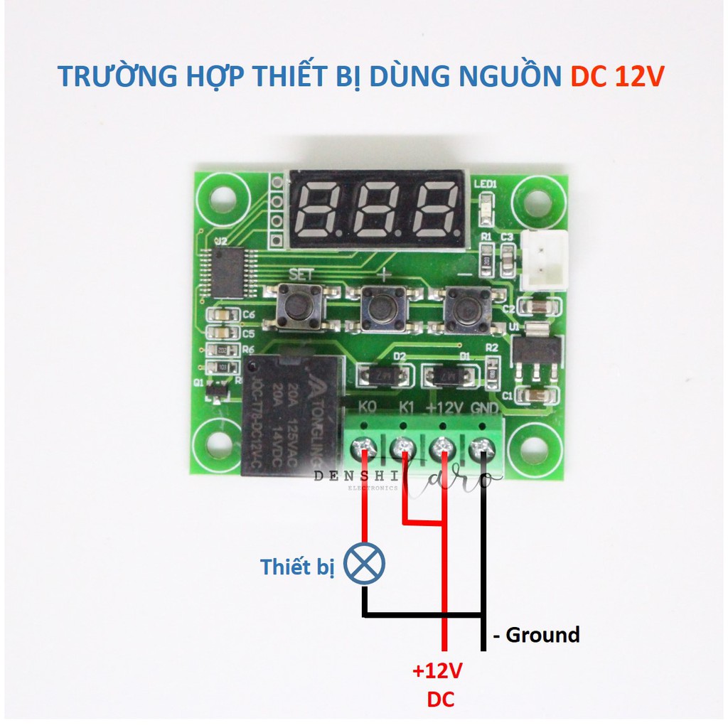 Denshitaro Mạch cảm biến nhiệt độ relay chỉnh mức kèm hộp mica XH-W1209 D00-012