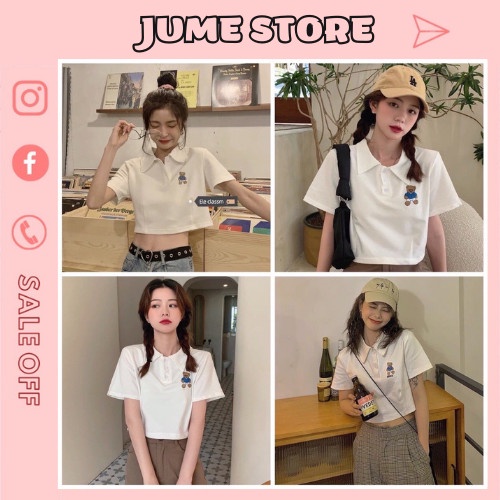 Áo croptop cộc tay dưới 55kg jumestore - Áo polo thêu hình con gấu