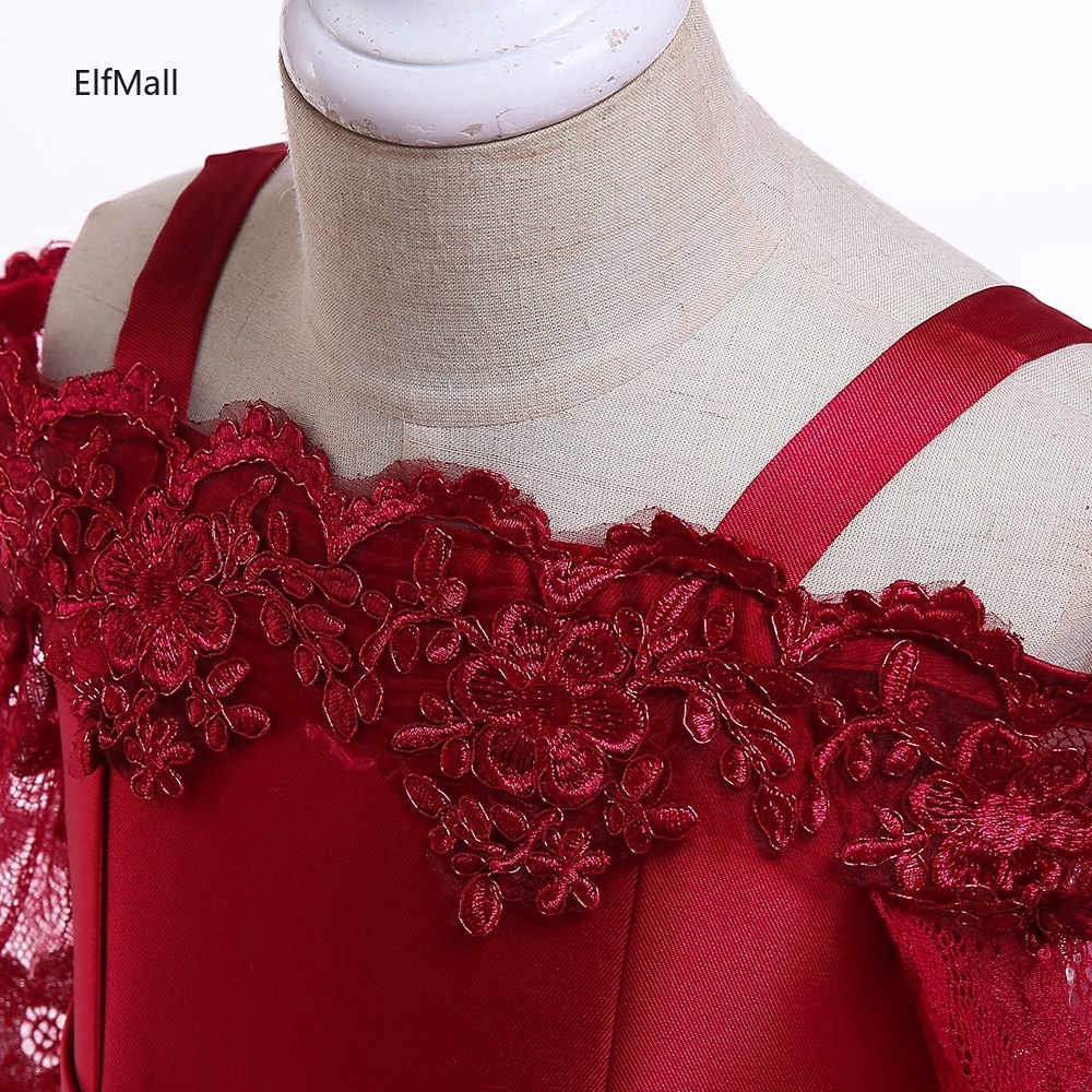 Kids Girls Satin Elegent Lace Shoulderless Dresses Party Clothing 3-10 Years