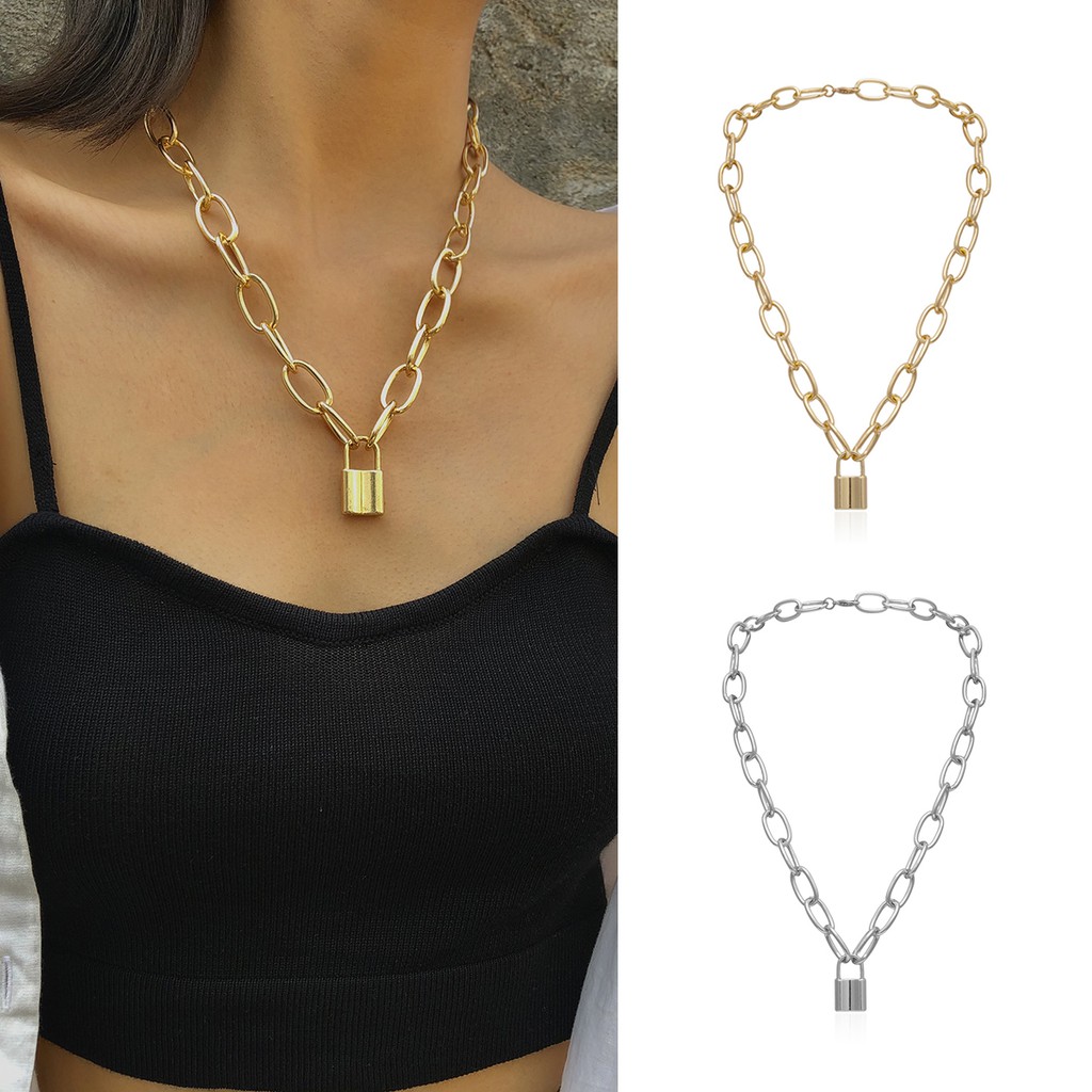 Vòng Cổ Choker Mặt Ổ Khóa Màu Bạc/ Vàng Phong Cách Hàn Quốc