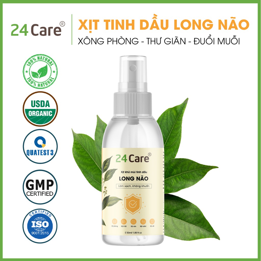 Xịt khử mùi thơm phòng Long Não 24Care 50ml - Kháng khuẩn, khử mùi hôi, đuổi muỗi, côn trùng