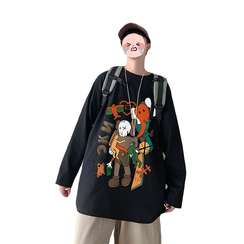 Áo thun tay dài dáng rộng in họa tiết độc đáo thời trang cho nam có size M-5XL