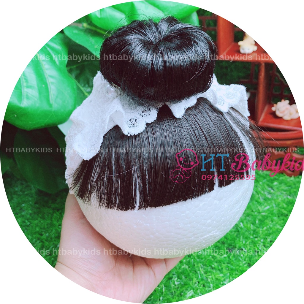 Free Ship - Băng Đô Turban Cho Bé Gái Tóc Giả Hai Bên Ren Nơ Trắng- Đủ Size Cho Bé Sơ Sinh