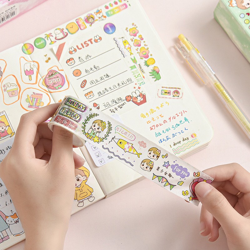 Hộp 10 cuộn washi tape sticker cute hình dán kèm 10 sticker cute băng keo trang trí sổ dễ thương loại không thấm nước