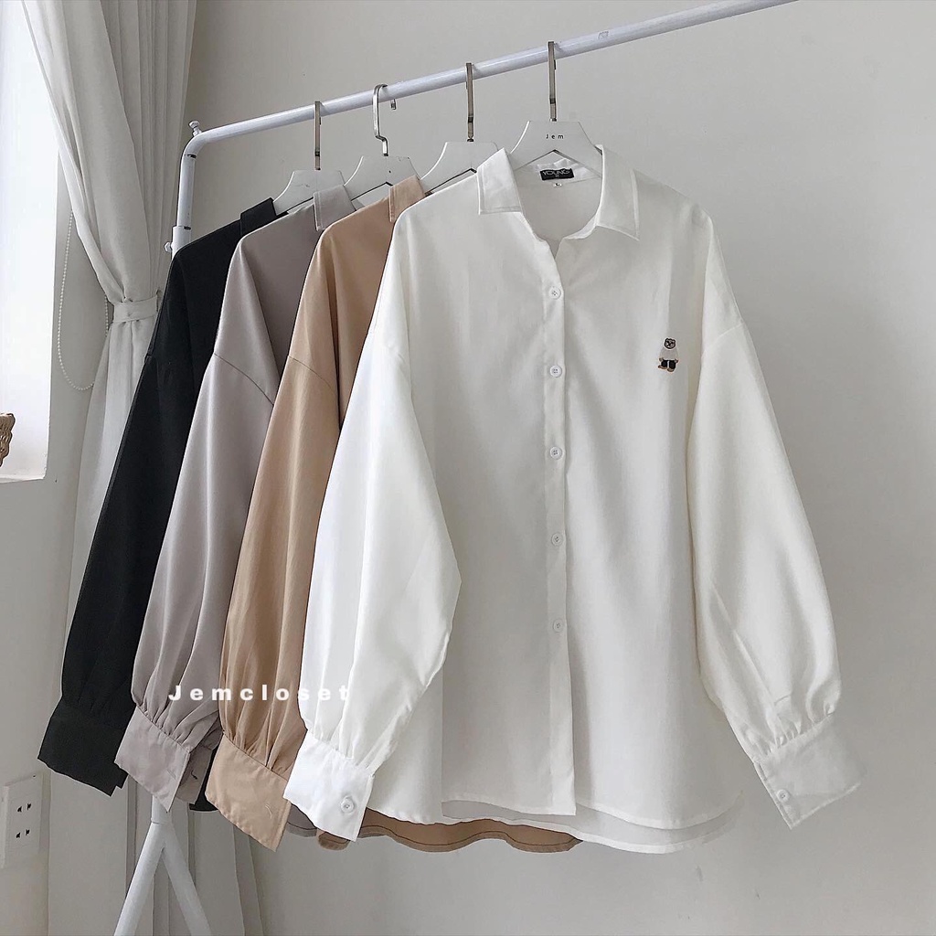 Áo Sơ Mi Nữ Form Rộng Dài Tay Sơ Mi Nữ Kiểu Tay Phồng Thiết Kế Basic Chất Vải Thô Hàn BANTOK 4 Màu Trắng Xám Đen Be 1995