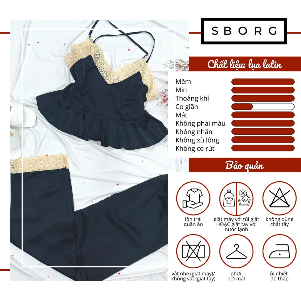 Đồ bộ mặc nhà SBORG bộ ngủ lụa latin 2 dây chéo viền ren sexy dễ thương phối quần dài có túi freesize 60kg quà tặng vợ