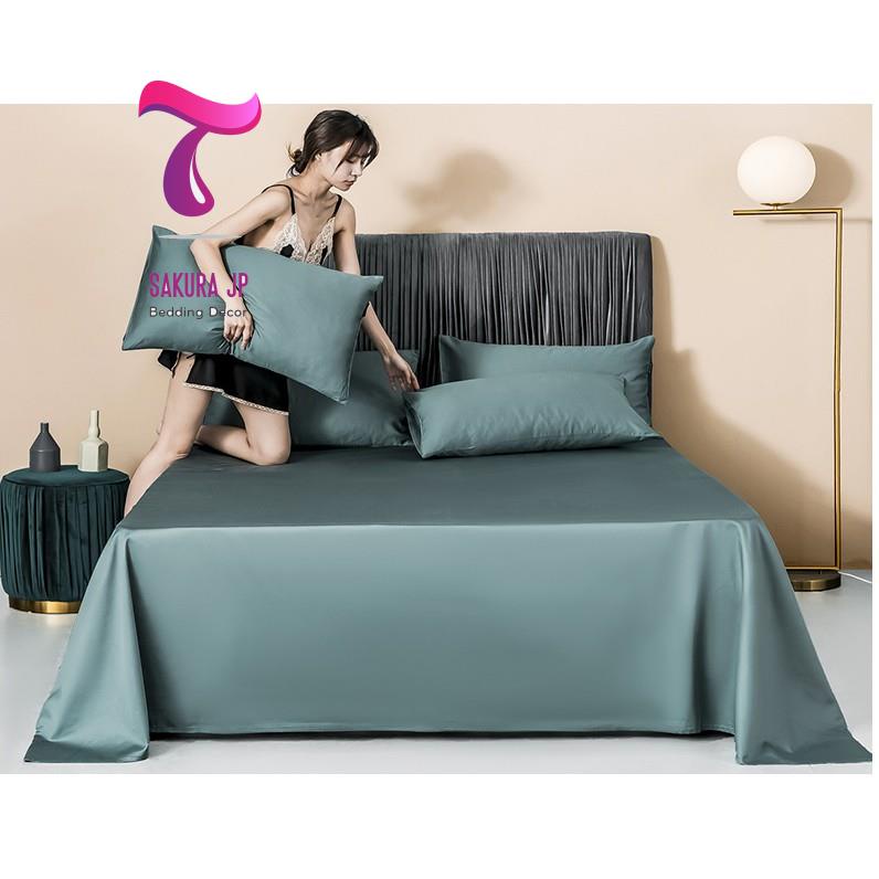 HÀNG MỚI- Drap Giường Lụa Cotton 60s Xanh Ánh Thép Rêu - Ga Gối Cotton Lụa Satin Nhập Khẩu