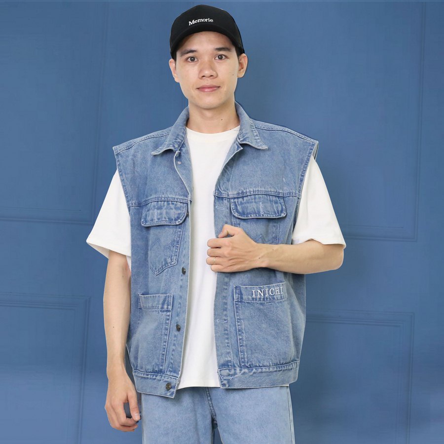 Áo gile jean nam nữ thời trang Inichi A1035 phong cách Hàn Quốc, thêu chữ chất lượng cao