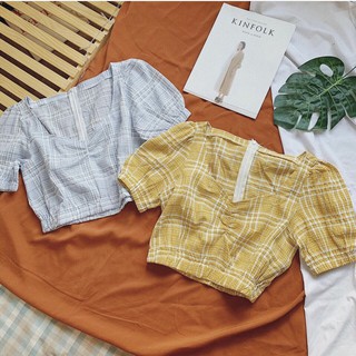 Áo mili caro crop (hình thật trải sàn)