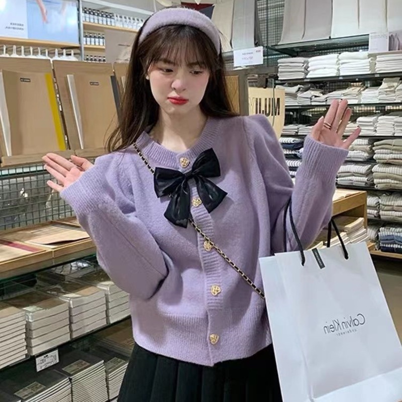 Áo Dệt Kim Thắt Nơ Màu Xanh Dương Tinh Tế Phong Cách Retro Nhẹ Nhàng Mới