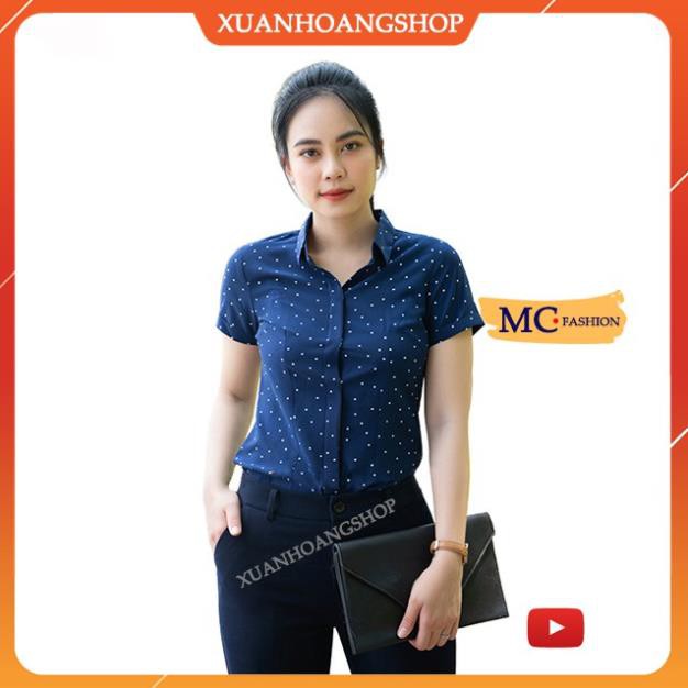 Áo Sơ Mi Nữ Công Sở, Họa Tiết Chấm Bi Đẹp, Ngắn Cộc Tay, Cổ Đức, Màu Vàng, Vải Lụa, Mc Fashion A0257 😘 🔥