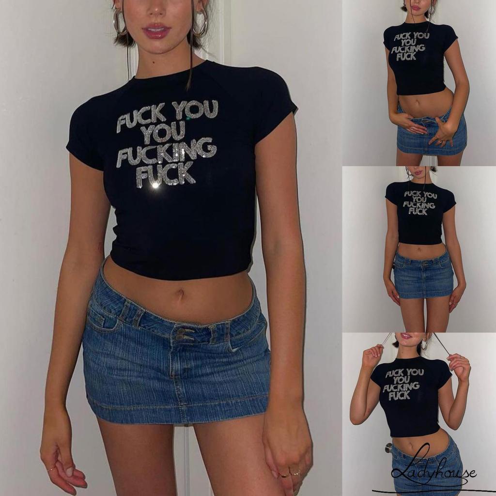 Áo thun croptop tay ngắn cổ tròn in chữ đính kim sa thời trang mùa hè cho nữ