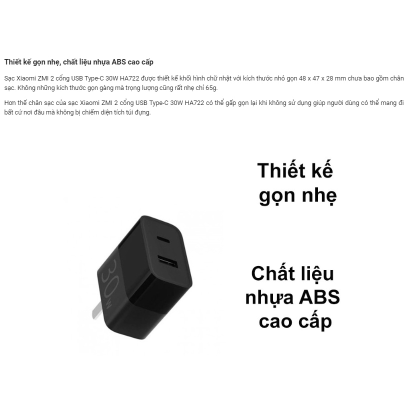 Hoả tốc | Củ sạc nhanh 30W Xiaomi ZMI HA722 | 2 cổng USB Type-C | Adapter sạc nhanh 18W XIAOMI ZMI HA612 | MIHOANGGIA