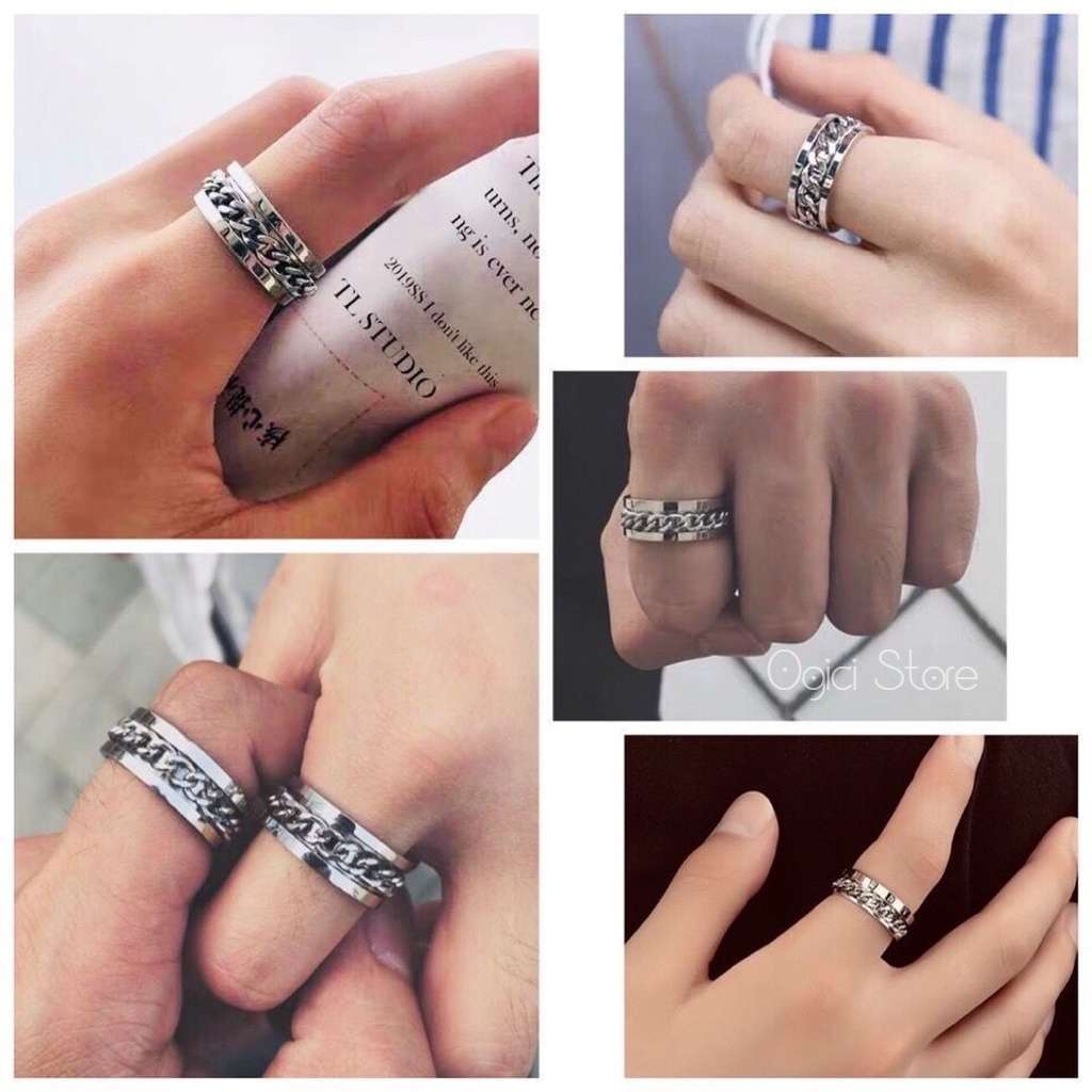 Nhẫn mở bia dây xích mặt xoay độc đáo, Nhẫn nam nữ titan không gỉ thời trang, Unisex