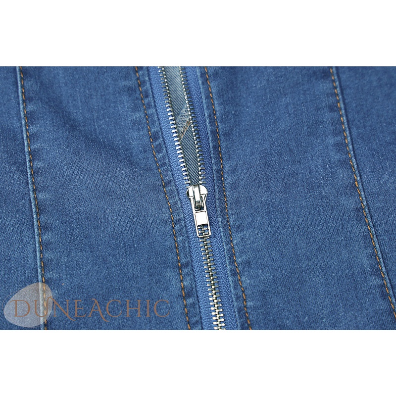 Đầm denim DUNEA cổ chữ V hở lưng phối khóa kéo phong cách cổ điển gợi cảm cho nữ