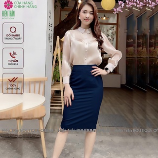 Chân váy bút chì Hiền Trần BOUTIQUE cạp cao, có lớp lót ,dáng công sở xẻ sau-Xanh