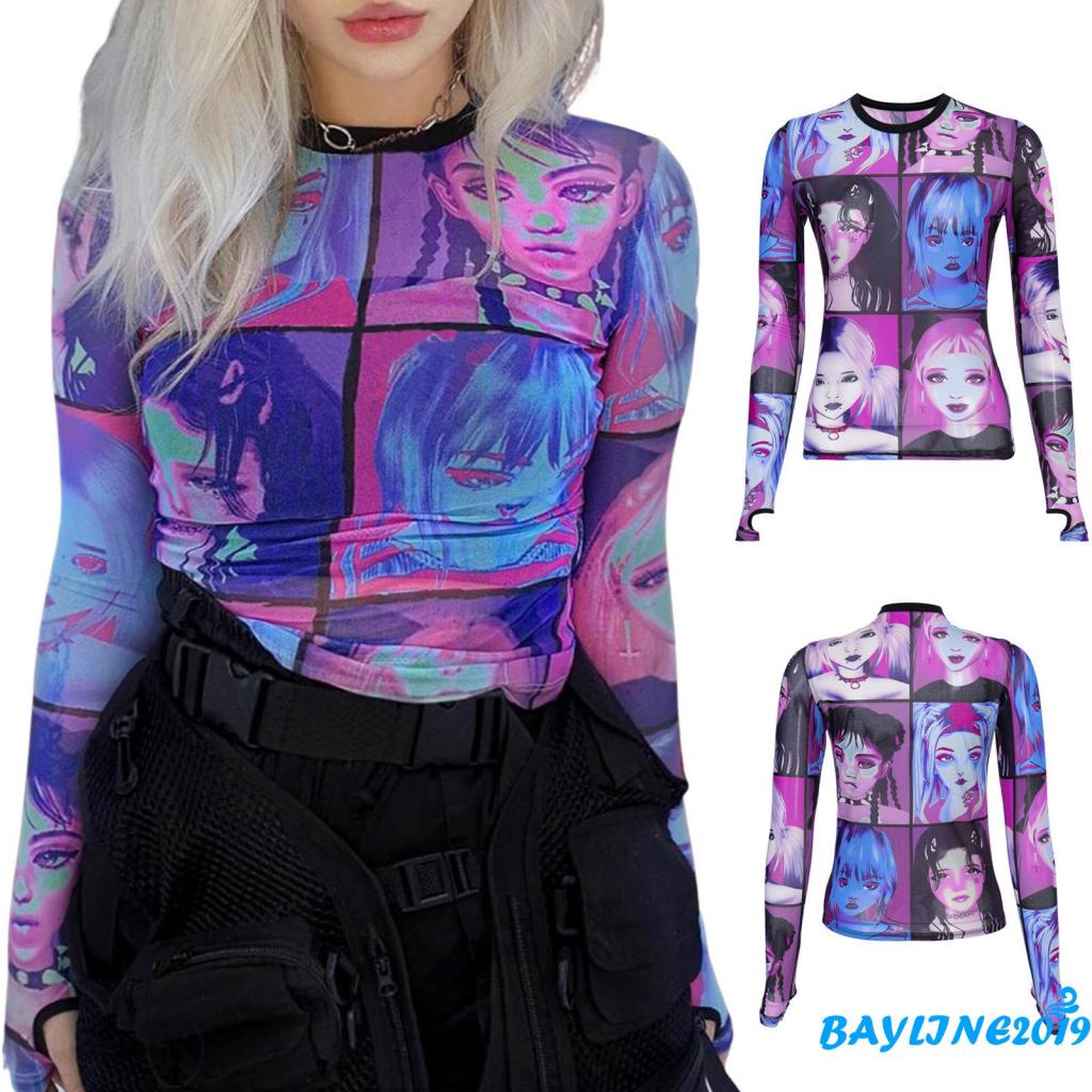 Áo croptop tay dài cổ tròn in hình khuôn mặt nhiều màu sắc dành cho nữ