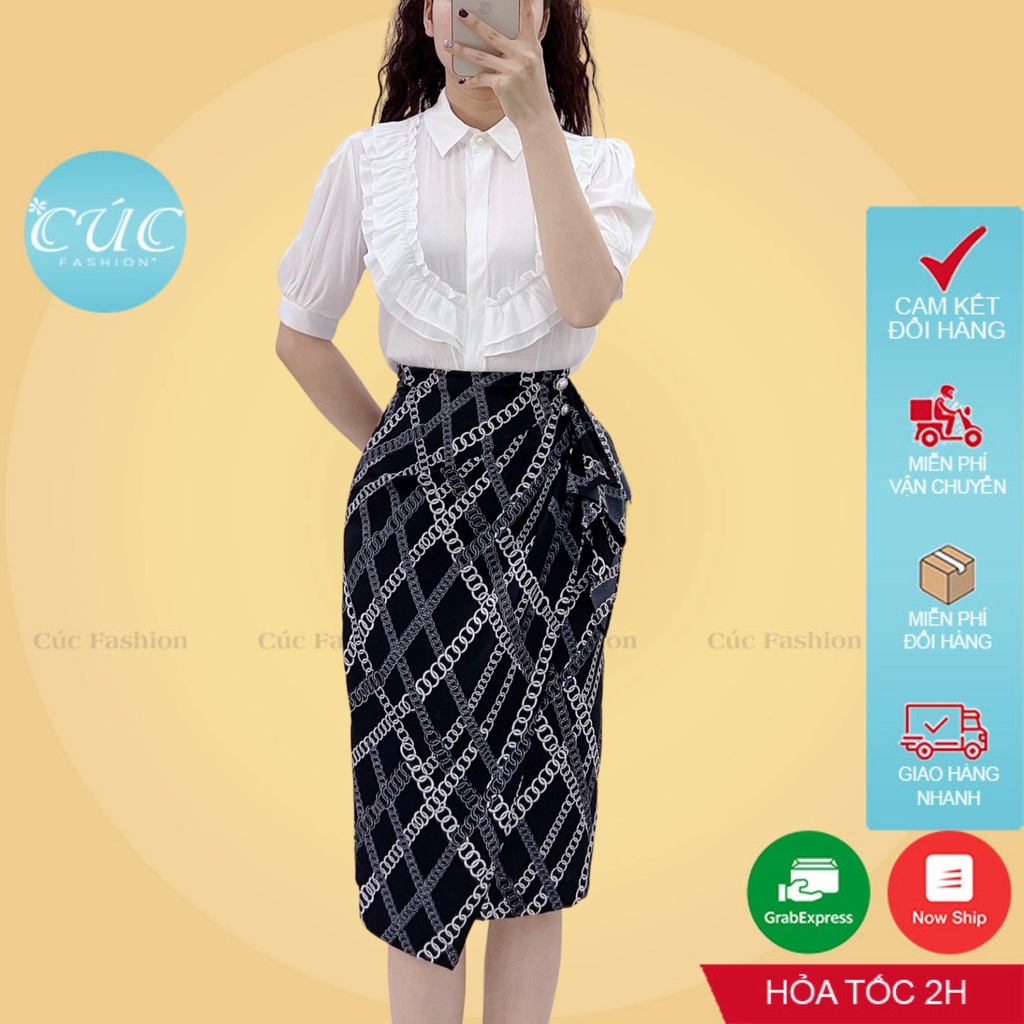 Chân váy bút chì CÚC FASHION đầm nữ ôm che bụng dài qua gối họa tiết đen trắng xẻ sau thời trang công sở đẹp CV840