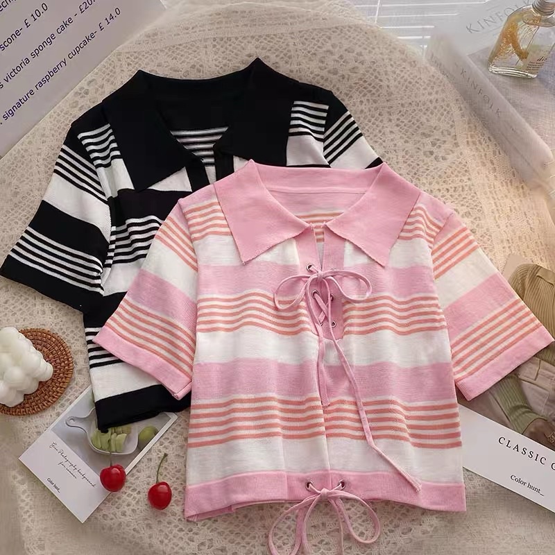 áo len dệt kim kiểu sọc cổ đức mix dây đan