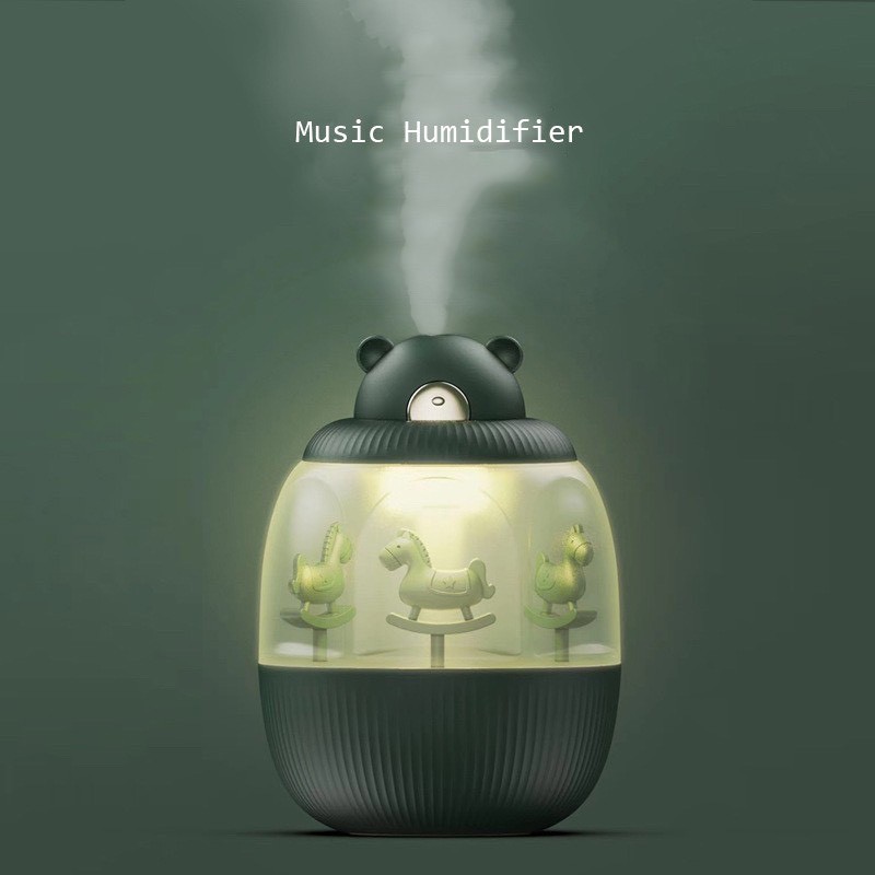 Máy Phun Sương Tạo Độ Ẩm Không Khí  Vòng Xoay Ngựa Gỗ Dễ Thương Có Đèn Và Nhạc Dung Tích 320ml